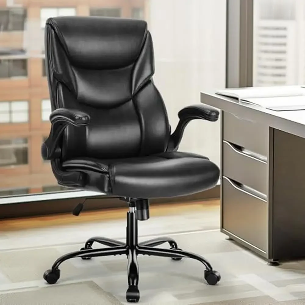 Ergonomic Executive Office Chair Flip-up Armrest Swivel Task Chair Lumbar Support PU Leather High Back Adjustable Height Rolling