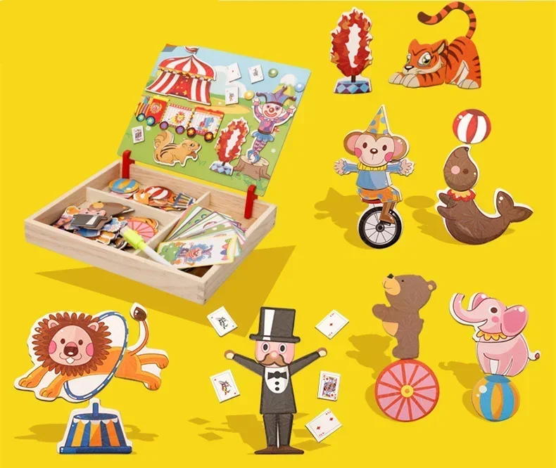 [Funny] DIY 3D Magnetic Puzzle and Drawing Toy wooden circus Magician, clown, lion, monkey. Bear Puzzle model set kids baby gift