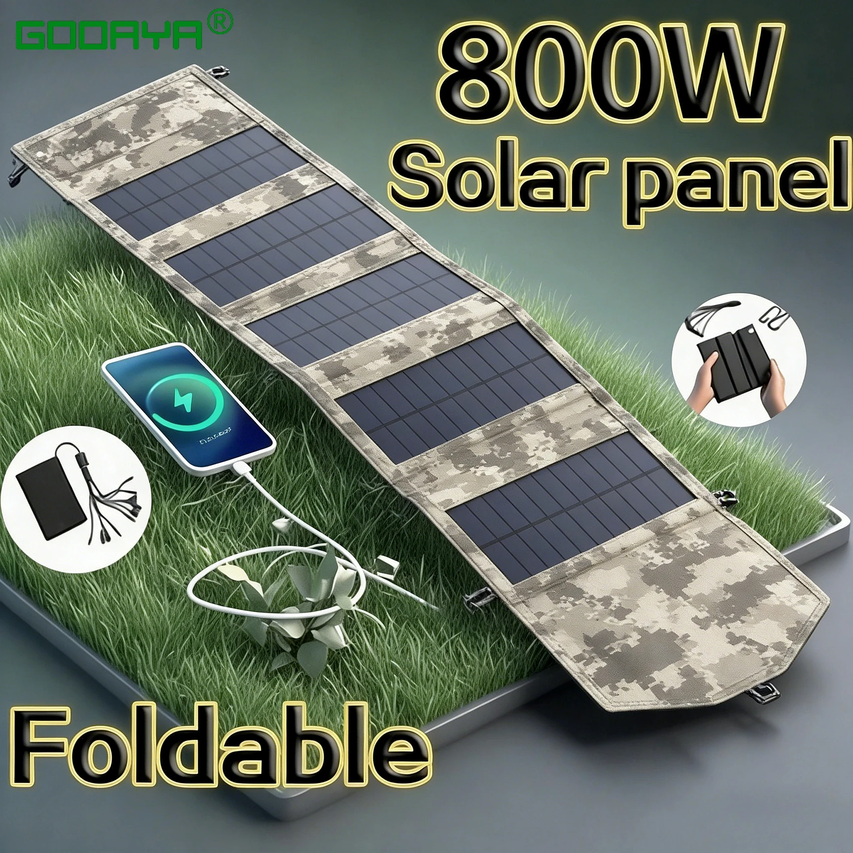 Zusammenklappbares Solarpanel-Solarladegerät, USB 5 V, Solarladegerät, tragbare Solarbatterie, Solar-Powerbank für Outdoor-Camping, Wandern + Kabel