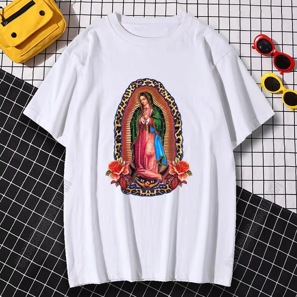 تي شيرت رجالي وامرأة مريم العذراء غوادالوبي قطن كبير الحجم ملابس هيب هوب فضفاضة ملابس الشارع الشهير تي شيرت Harajuku