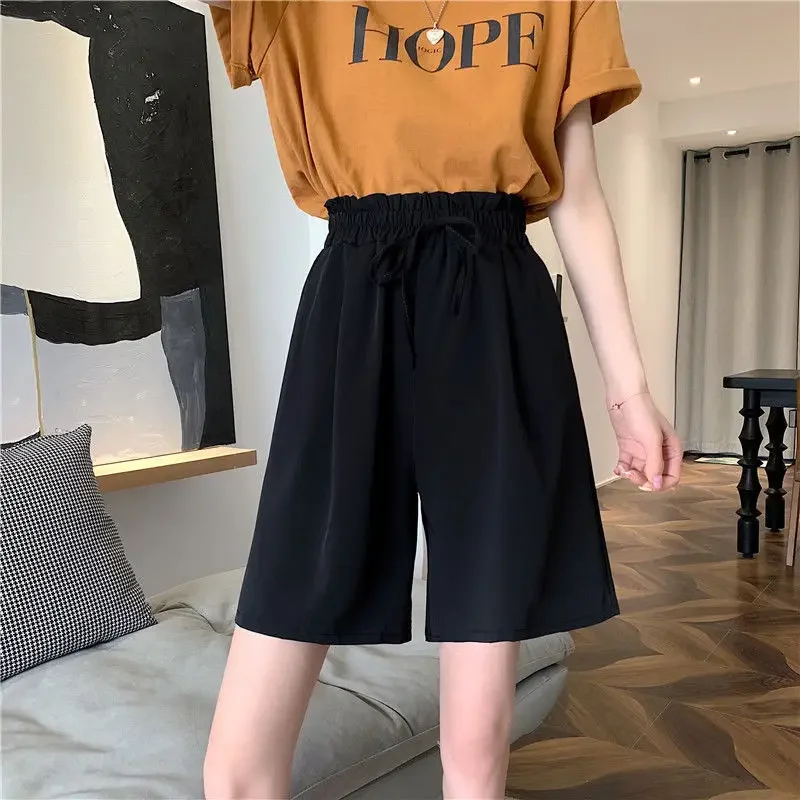 Solid Shorts Voor Vrouwen Hoge Taille Koreaanse Mode Trekkoord Wijde Pijpen Shorts Casual Straight Zomer Korte Broek Kleding Q162