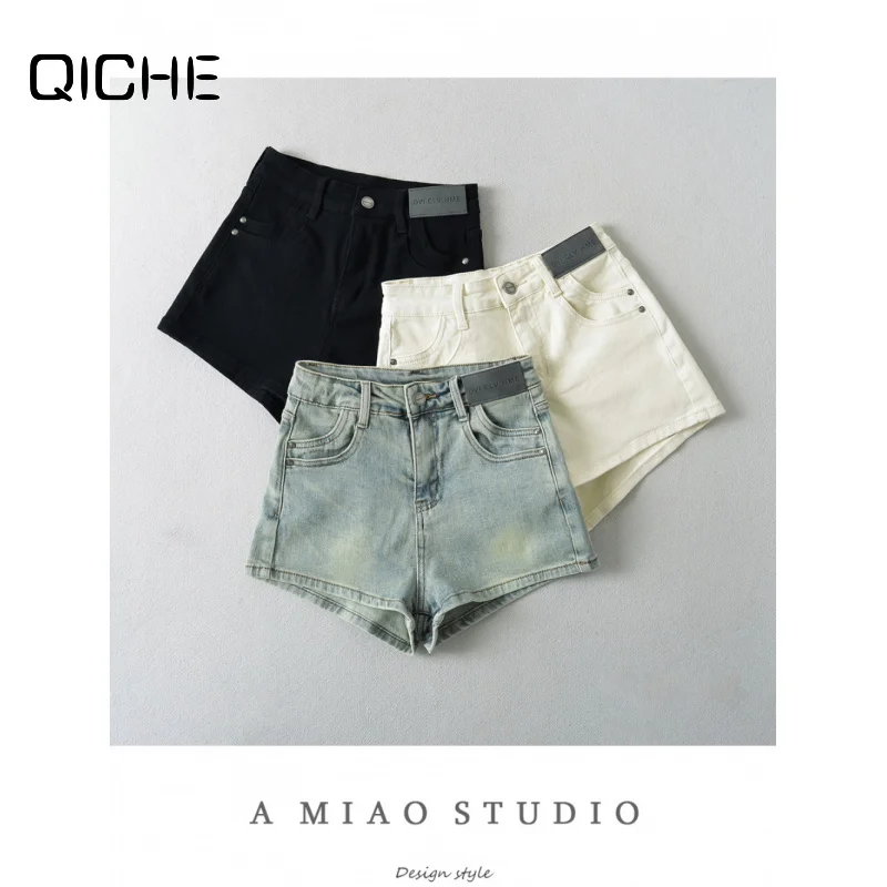 QICHE 2026 Summer Women Heavy Washed Distressed Denim Hot Pants, High Waist Stretch A-Line Butt Lifting Unique Pocket Slim Jean