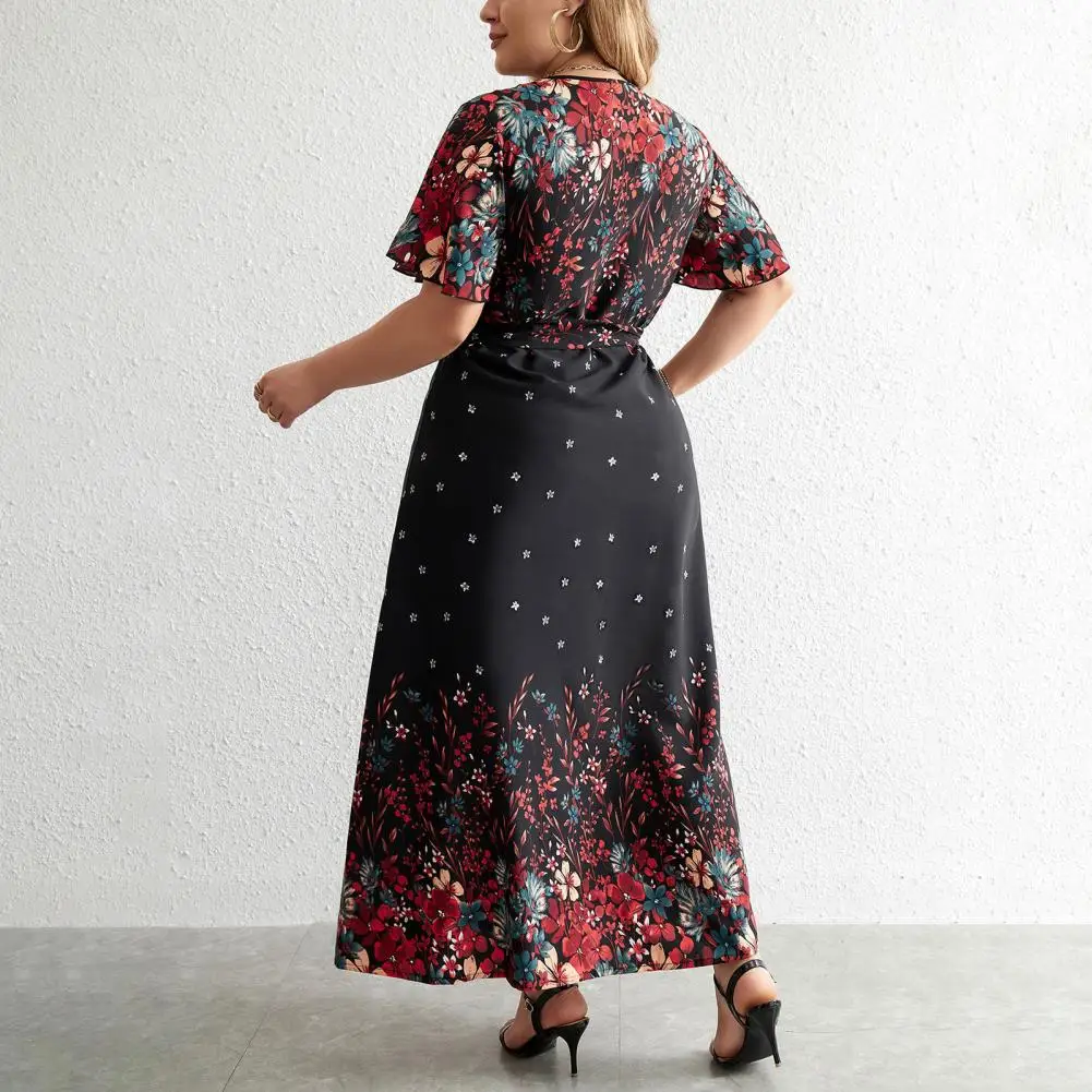 Women Belted Floral Print Dress Floral Print A-line Maxi Dress with Lace-up Belt V Neck for Women Plus Size Ankle Length Party