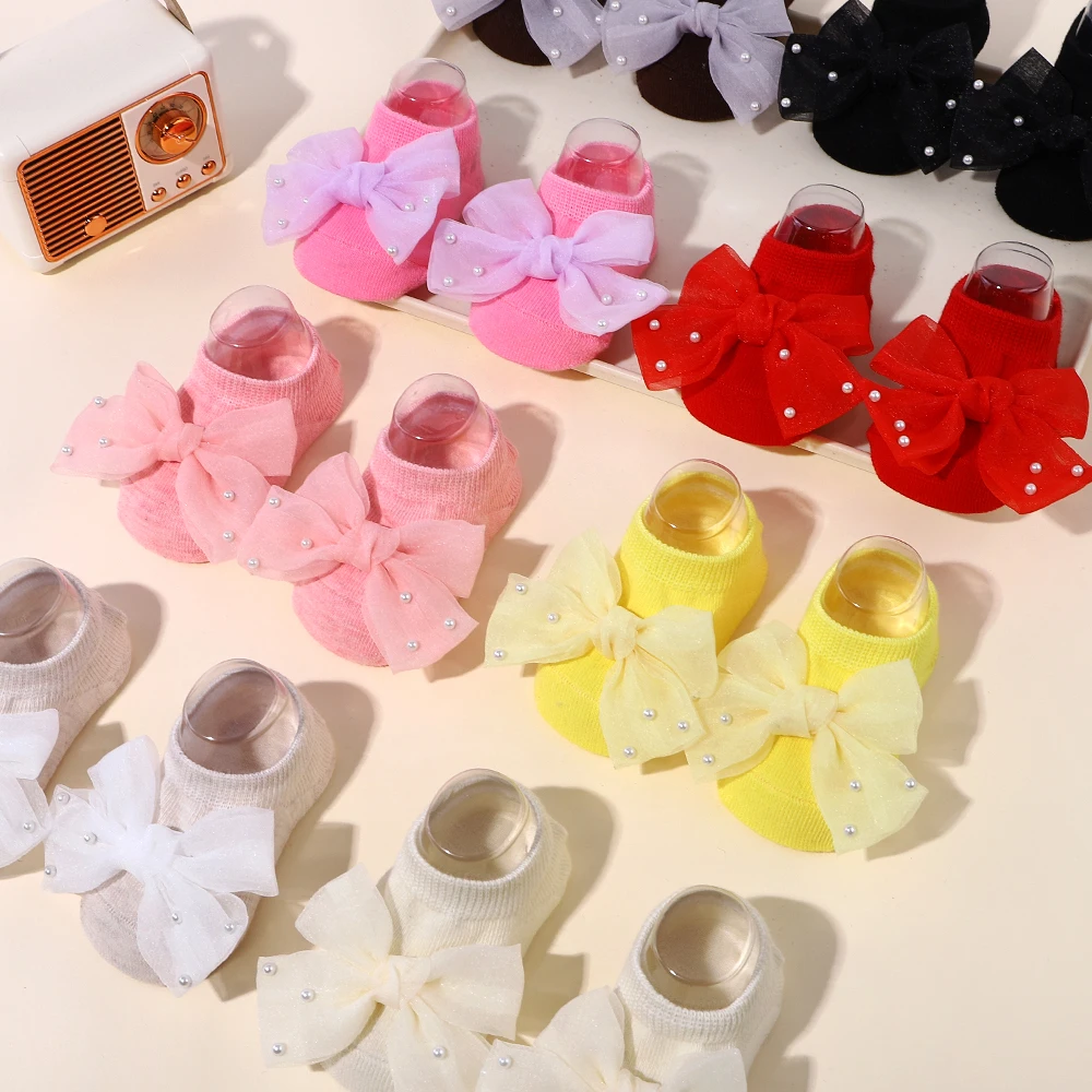 1 pair of lace bow socks chiffon pearl delicate breathable socks baby girl toddler letter socks