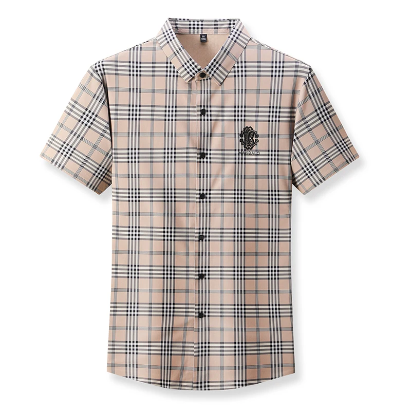2024 Men\'s High-End Brand Summer New Plaid Embroidery Hot Diamond Ice Silk Shirt Trend Seamless Lapel Comfortable Breathable Top