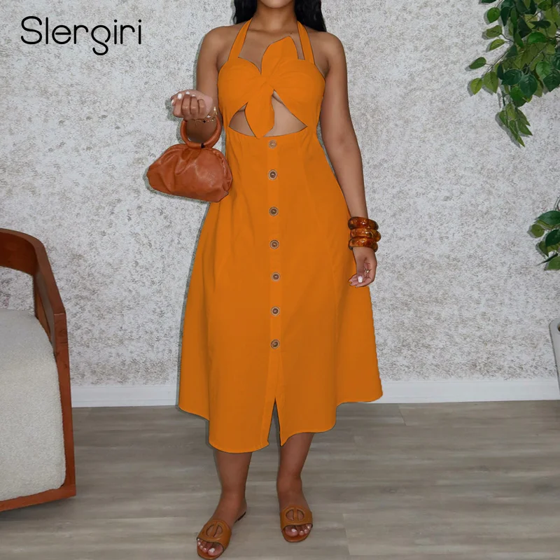 Slergiri Women's Solid Color Button Front Cutout Bows Halter Dress 2025 Summer Holiday Style Backless A-line Casual Long Dresses