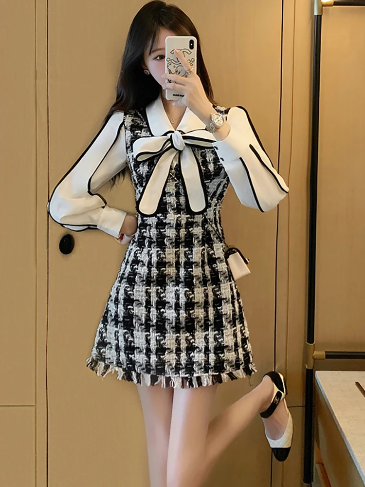 

2026 Black and White Plaid Long Sleeve Bow Polo Collar Mini Dress Women Elegant Casual Dress Autumn Korean Bodycon Evening Dress