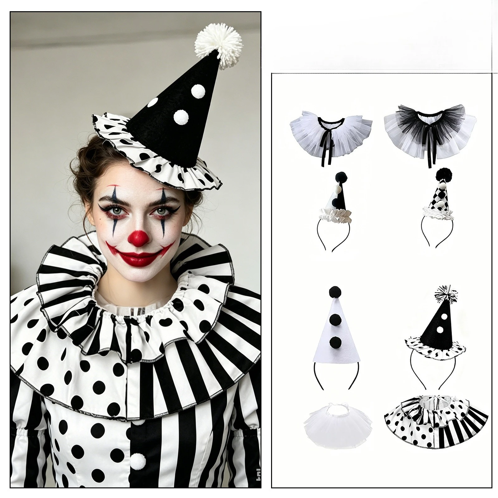 Polka Dot Harlequin Clown Accessory Set Cone Party Hat Headband Ruffle Collar Halloween Carnival Cosplay Costume Prop