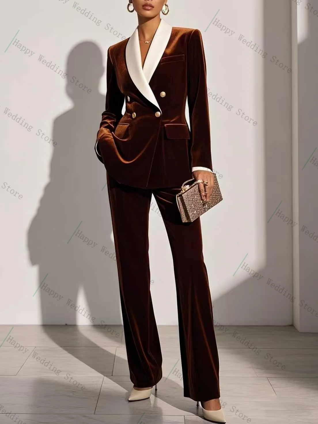 Velvet Brown Women Suit Pants Set 2 Piece Blazer+Trousers Autumn Formal Office Lady Jacket Customized Wedding Guest Prom Coat