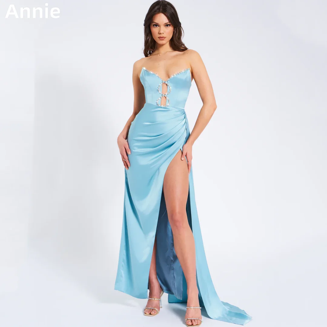 

Annie Light Blue Prom Dresses Glittering Beaded Silk Satin Wedding Dress Side-slit Princess Cocktail Dresses Vestidos DeFiesta