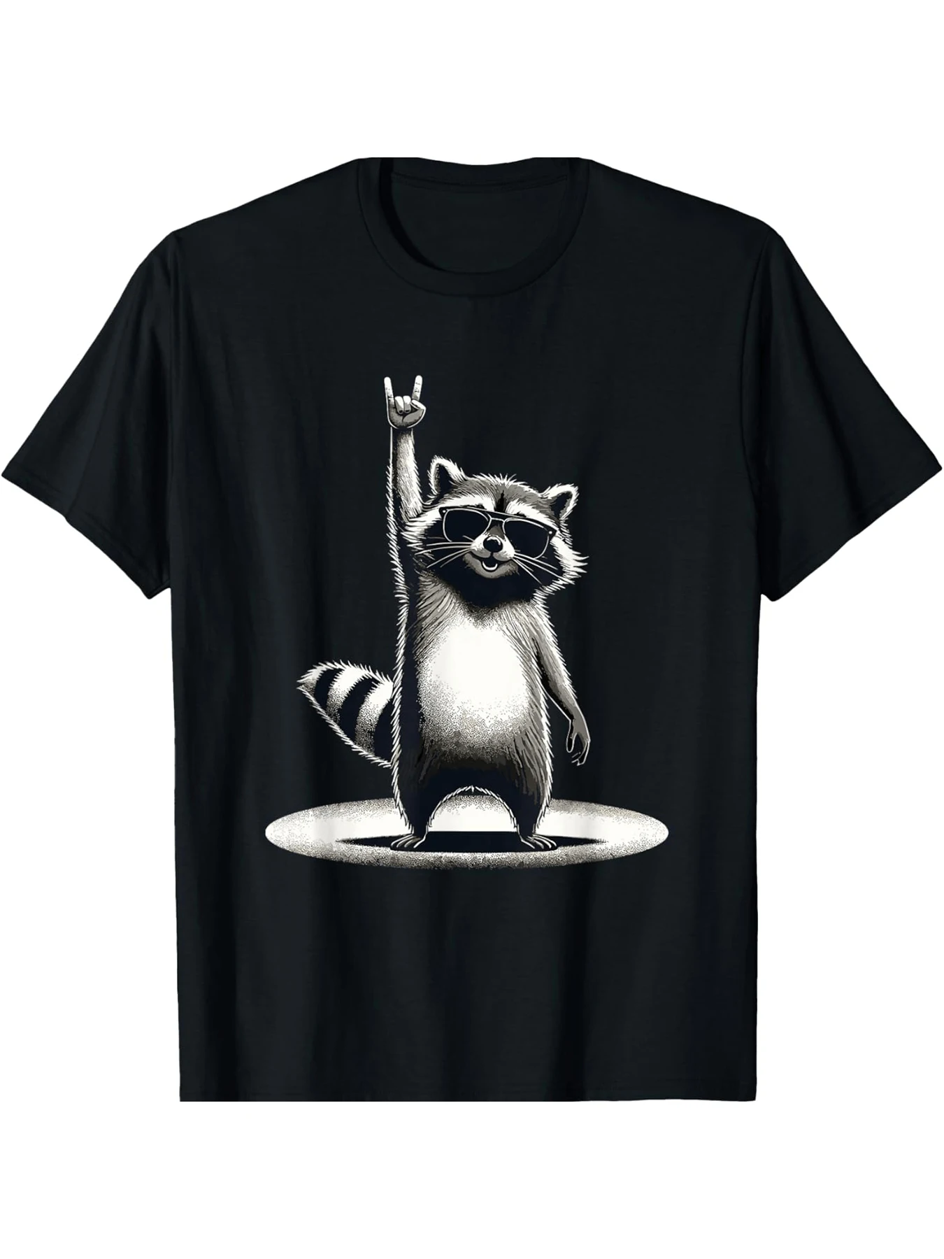 

Raccoon Wearing Sunglasses Making Peace Sign Men and women short sleeve T-shirt black round neck