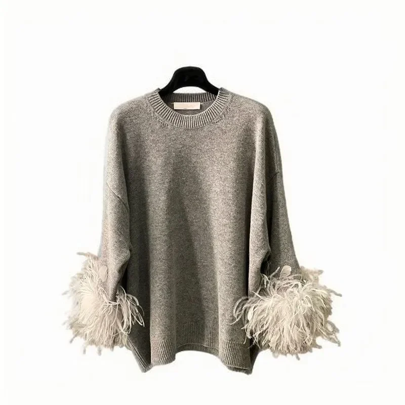 2025 New Design Feather Spliced Grey Knit Sweater Women Fashion Causal O-neck Knitted Pullover Luxury Wool Knitwear