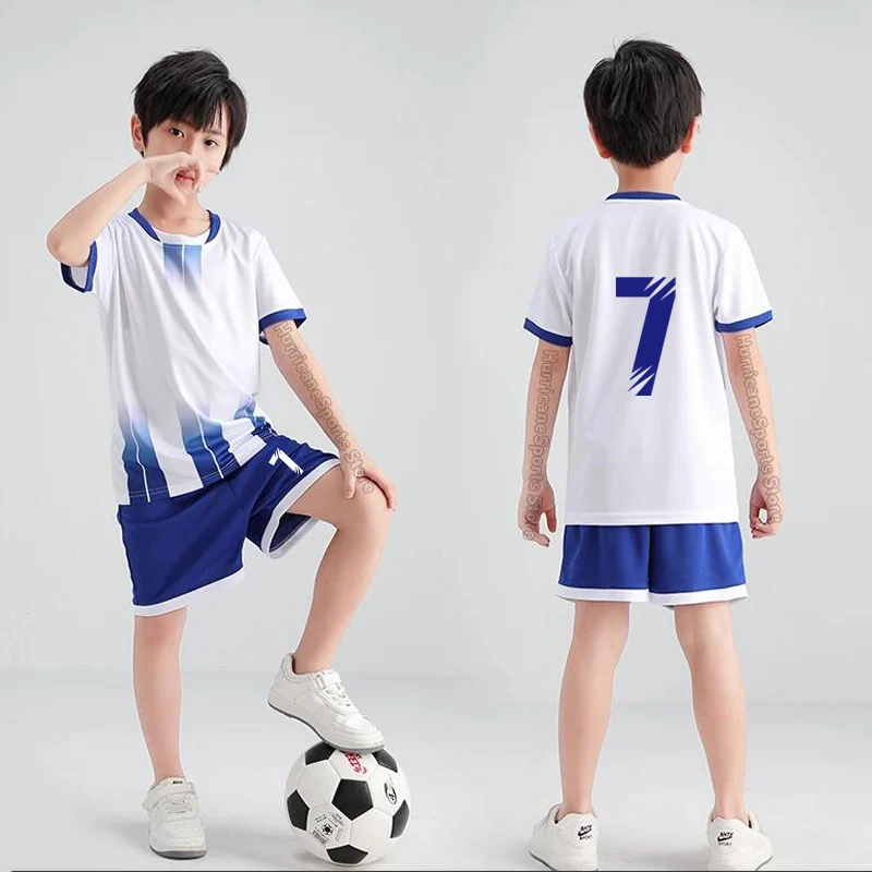 Free Print Number 0-99# Children's Football t-shirt Shorts Boys Soccer Jersey Sets Student Footbal Jersey Clothes Sport 4XS-S