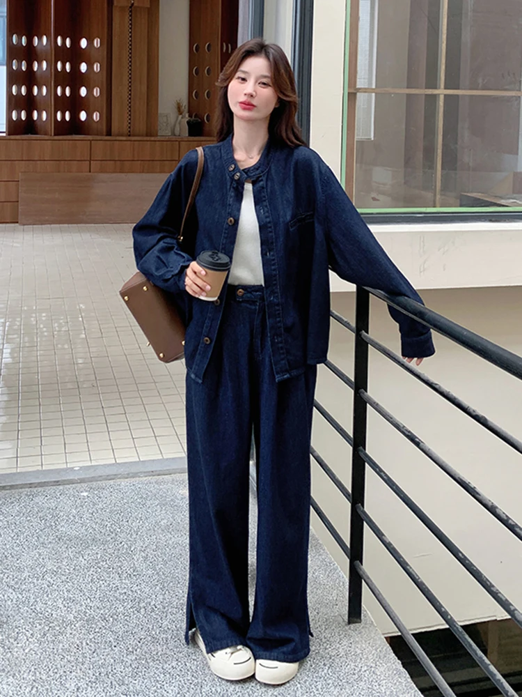 LANMREM Women Streetwear Denim Two-piece Set Stand Collar Long Sleeves Loose With Split Wide Leg Pants 2024 Autumn New 2Z2649