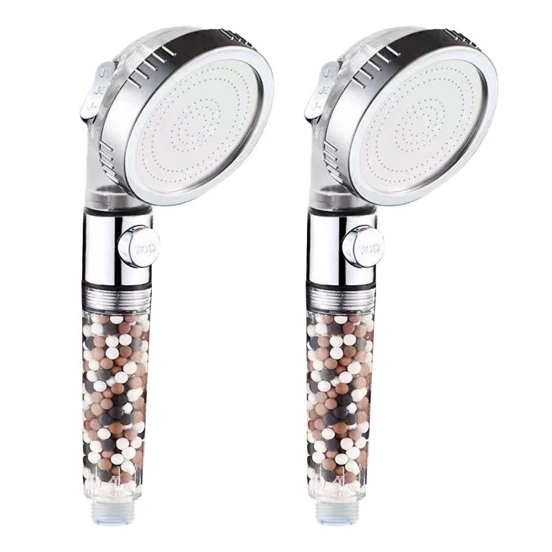 2PCS Shower Head With Beads Filter Pressure Boosting Shower Head Spray White Plastic With 3 Modes Water Saving Bathing For Home