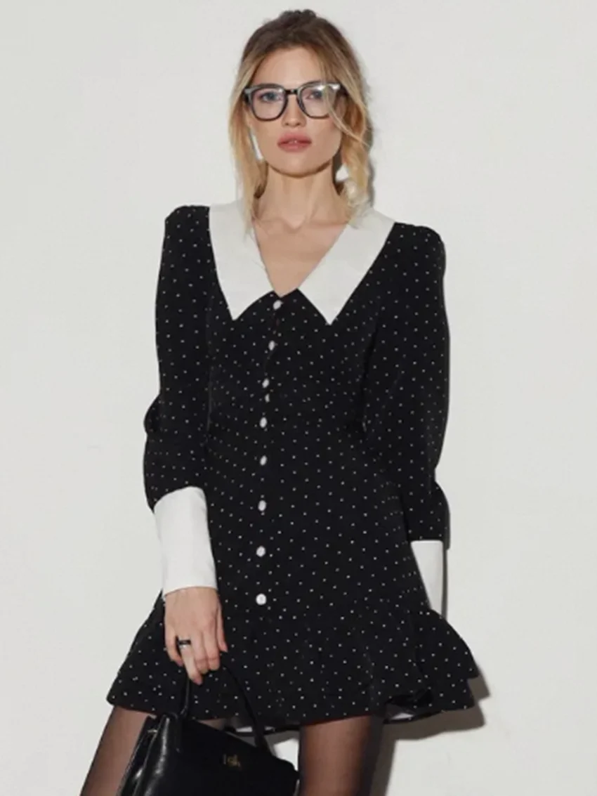 Parc Fee mode ample noir Patchwork femmes robe décontracté revers lanterne manches Mini robes élégant classique à volants femme robe