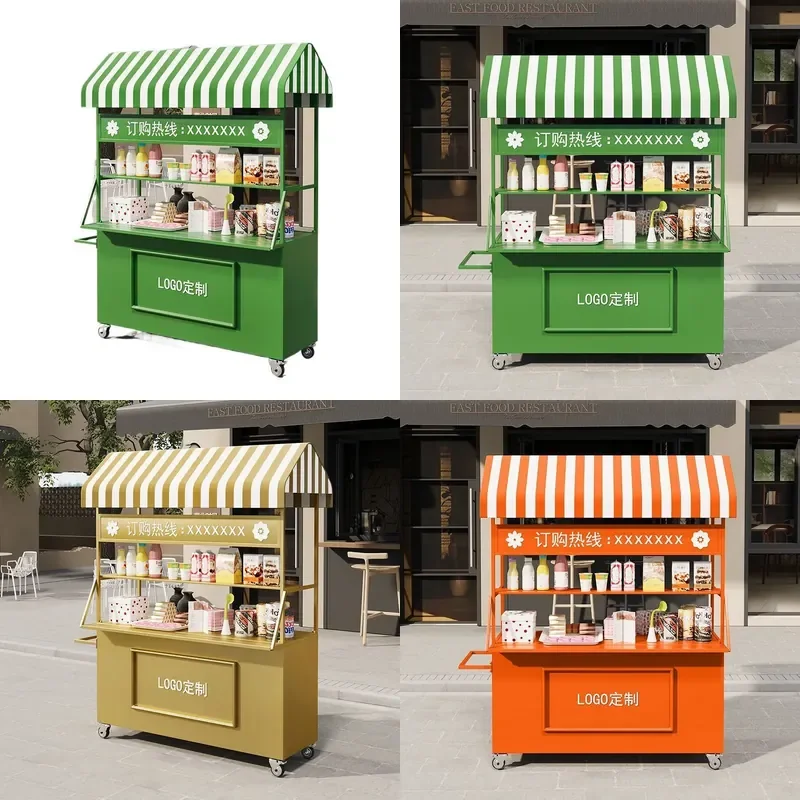 Wrought Iron Mobile Food Cart with Awning Outdoor Night Market Snack Stall Portable Dining Trolley for Street Vending