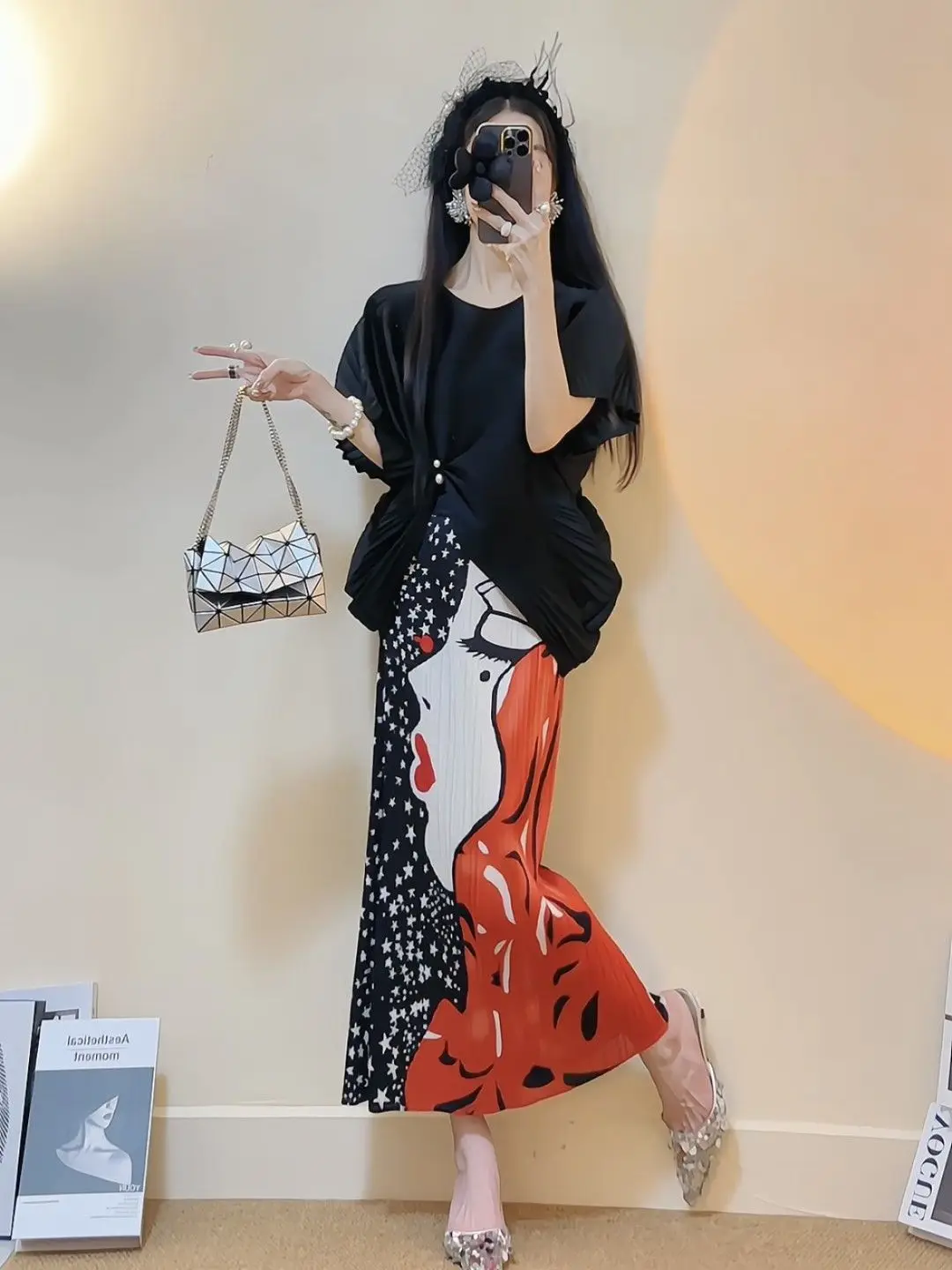 

Chiffon Printing Pleated Skirts for Women Summer Thin High Waist A-line Mid-length All-match Streetwear Korean Fashion A657