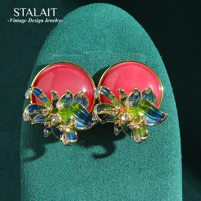 

Vintage Jewellery High Quality Pink Earrings Flower Stone Studs Luxury Designer Enamel Leaf Aesthetic Accessories For Woman 2025
