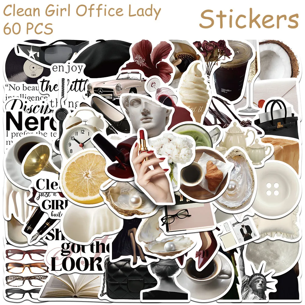 60 Stück Clean Girl Office Lady Aufkleber für Laptop, Scrapbook, Skateboard, Helm, Gitarre, DIY, ästhetische, wasserfeste Aufkleber – Detail 2