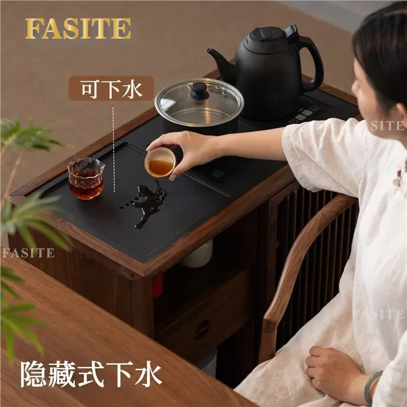 For New Chinese Style Mobile Tea Table Side Cabinet Black Walnut Solid Wood Kettle Integrated Side Table Living Room