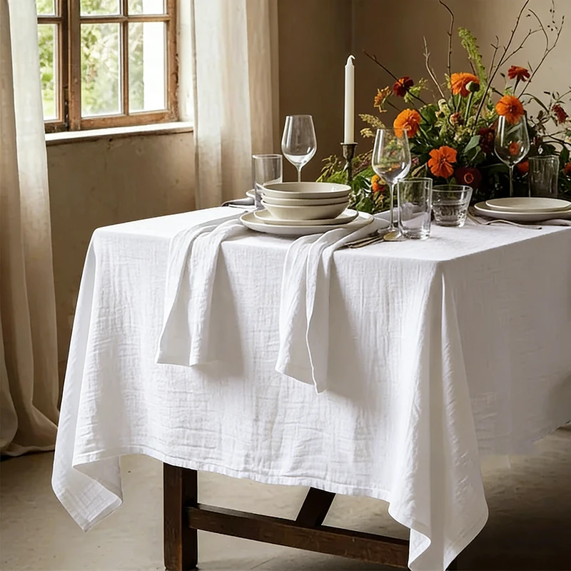 Nappe rectangulaire en gaze froissée double couche, en coton mousseline, pour décoration de table de mariage, cuisine, anniversaire, décoration intérieure