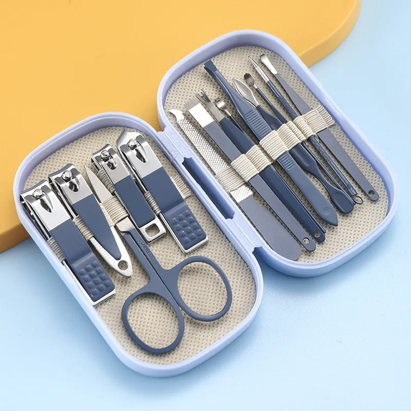 Set de lujo de 14 piezas de manicura y pedicura en acero inoxidable rosa y azul, tijeras, cortaúñas, cuchara para oídos, para hombres y mujeres 5