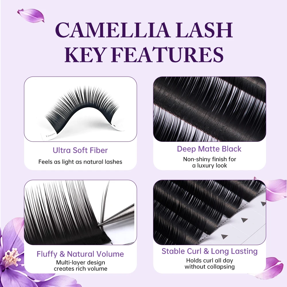 Yelix Camellia Lash Clusters Eyelash Extensions Matte Black Fluffy Volume False Lashes Stable Curl Long Lasting Professional Use