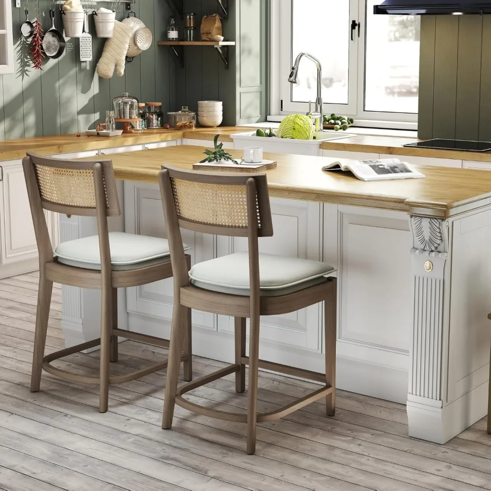 

Bar Stools Set of 2, 26'' Counter Stools with Cane Back, Upholstered Counter Height Bar Chairs for Kitchen Island/Home Ba