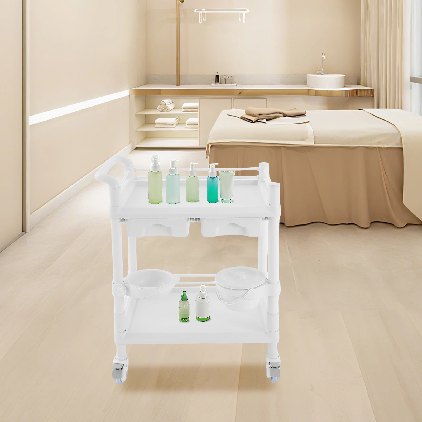 Carrello mobile Carrello da laboratorio con 2 ripiani, 2 cassetti e 4 ruote per fornitori sanitari, infermieri, casa privata
