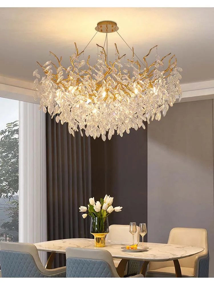 Lámpara de ambiente de lujo moderna francesa, lámpara de techo dúplex para comedor y dormitorio, candelabro de cristal de rama de árbol de lujo