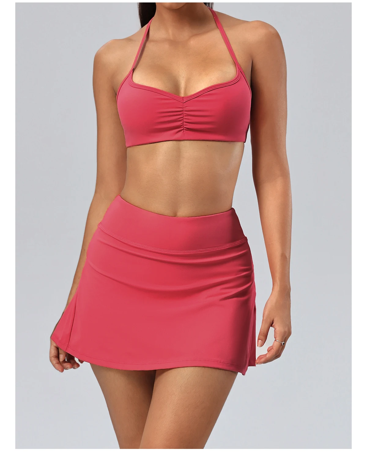 Hearuisavy Damen 2-teiliges Fitness-Set: Hochtaillierte Yoga-Caprihose mit weitem Bein, Push-Up-Sport-BH, schnelltrocknender Tennisrock für das Fitnessstudio. – Detail 23