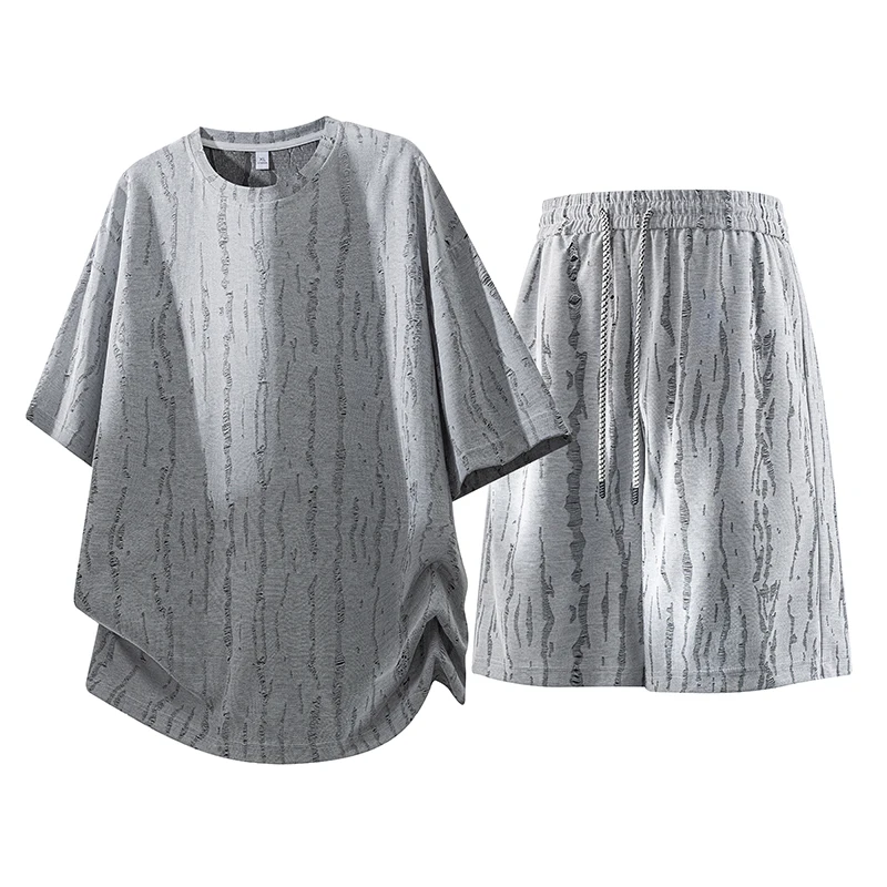 

Grey Distressed Striped 2-Piece Set Men Loose T-Shirt & Elastic Waist Shorts Casual Summer Outfit