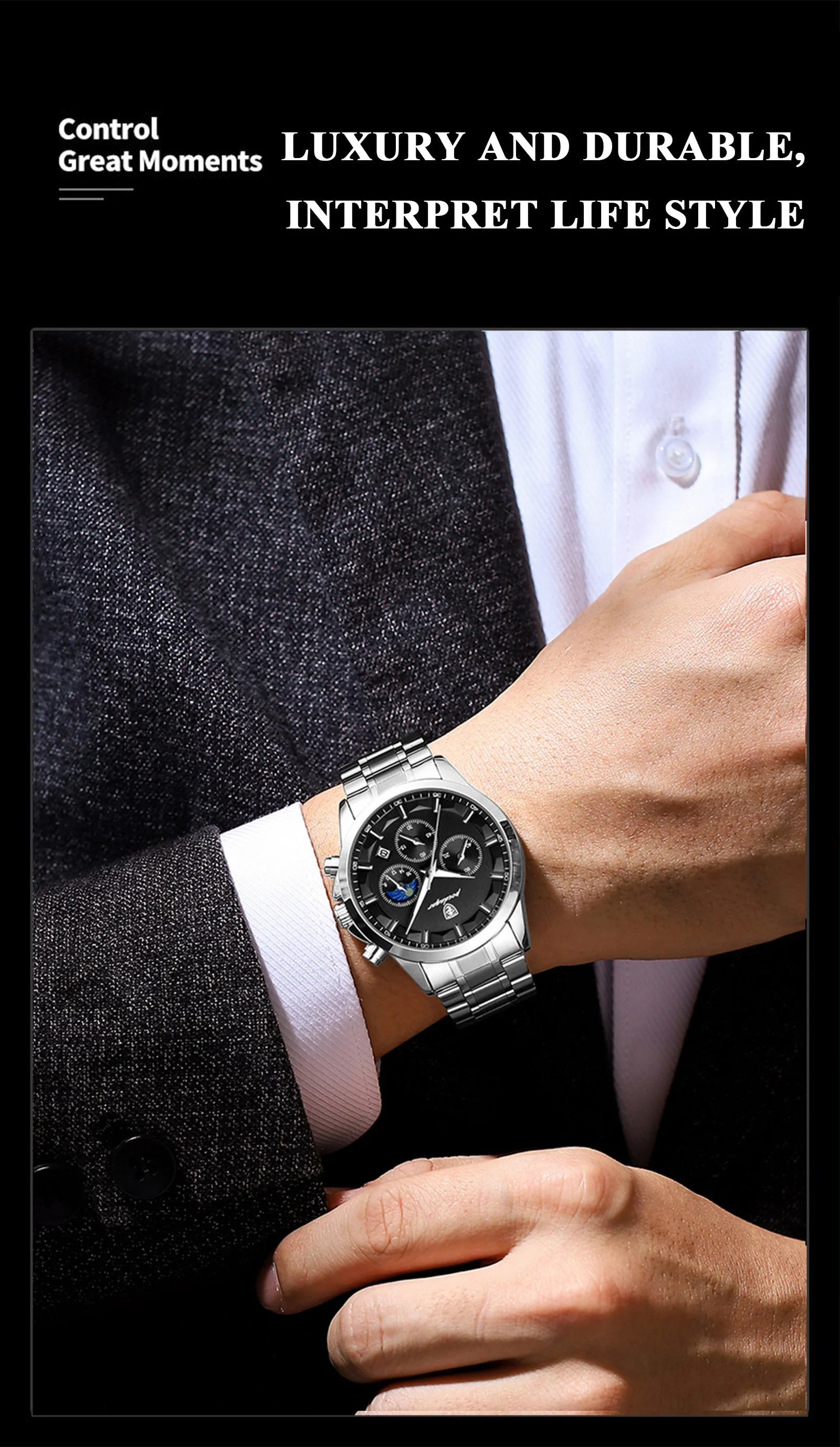 POEDAGAR Herrenuhr Wasserdicht Leuchtend Edelstahl Mode Herrenuhr Chronograph Datum Quarz Business Herrenuhren – Detail 14