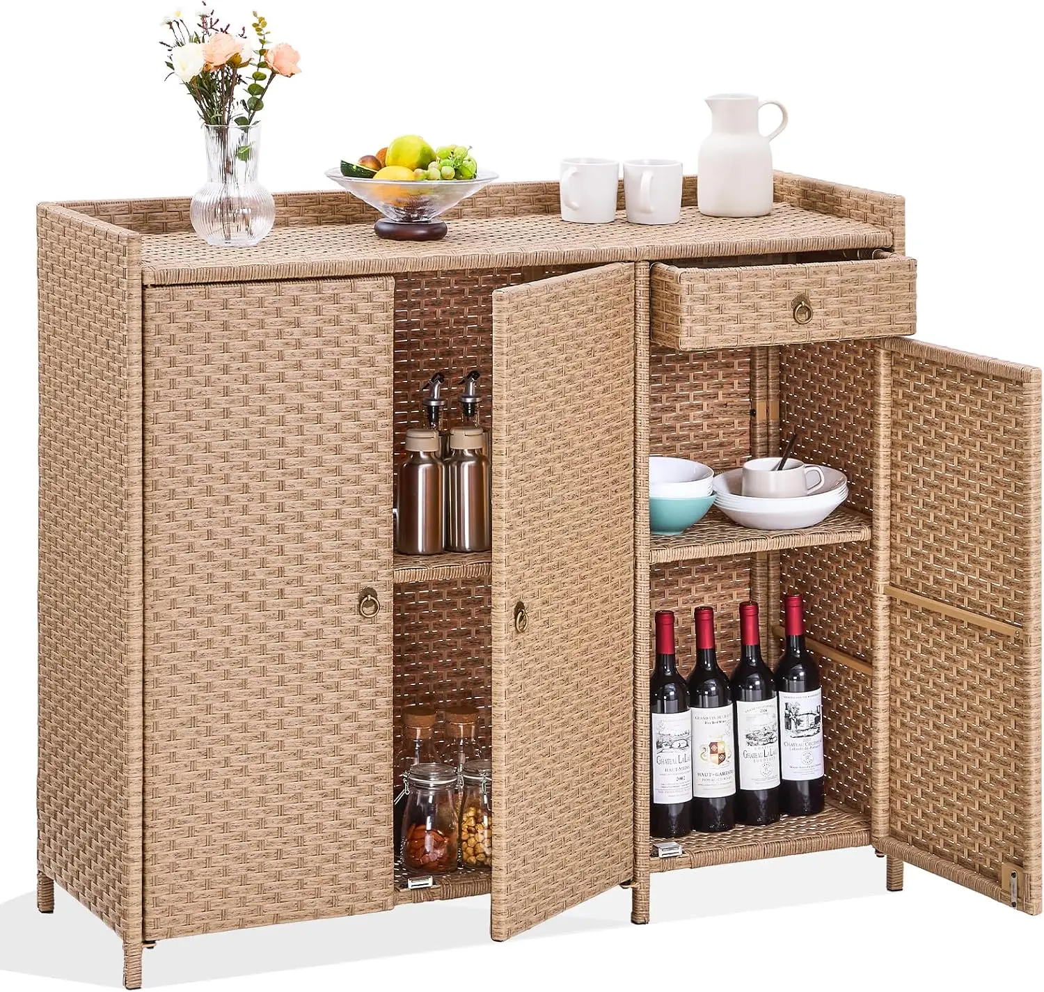 

Outdoor Storage Cabinet, Weather-Proof Rattan Bar Table with 2 Doors, Adjustable Shelves & Foldable DrawerWicker Storage