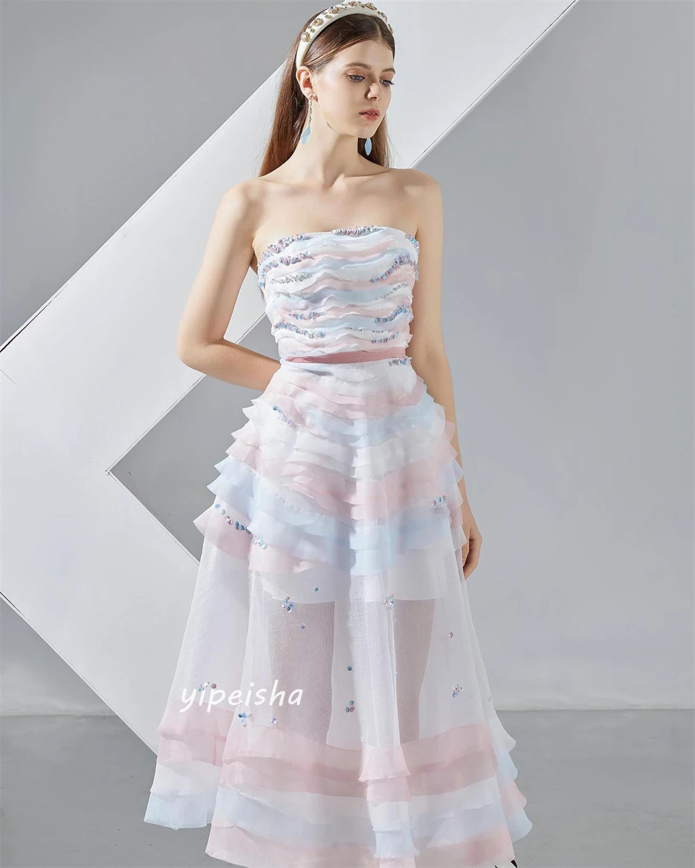 Jiayigong  Organza Tiered Draped Beading Quinceanera A-line Strapless Bespoke Occasion Gown Midi Dresses