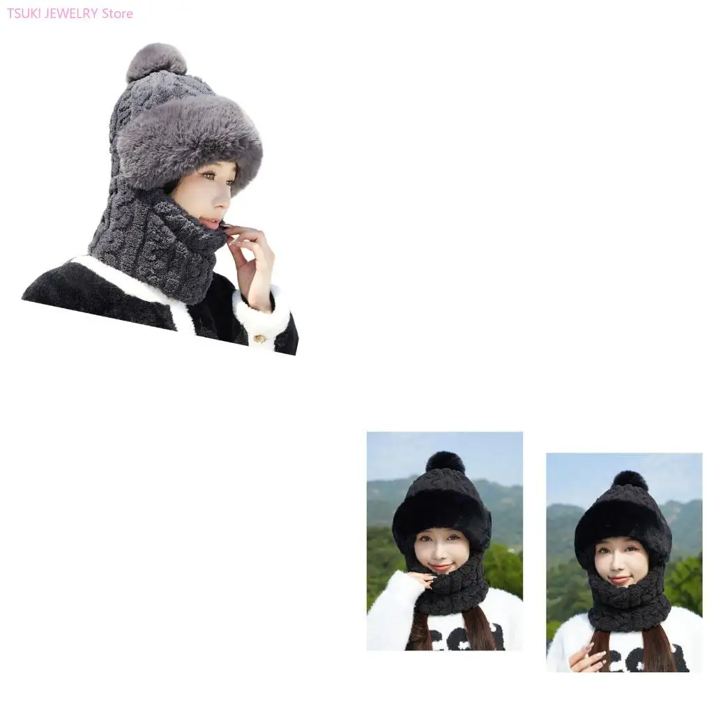 62KE Fleece Lined Brimless Hat with Scarf Face Mask Windproof Warmth Cold Protections