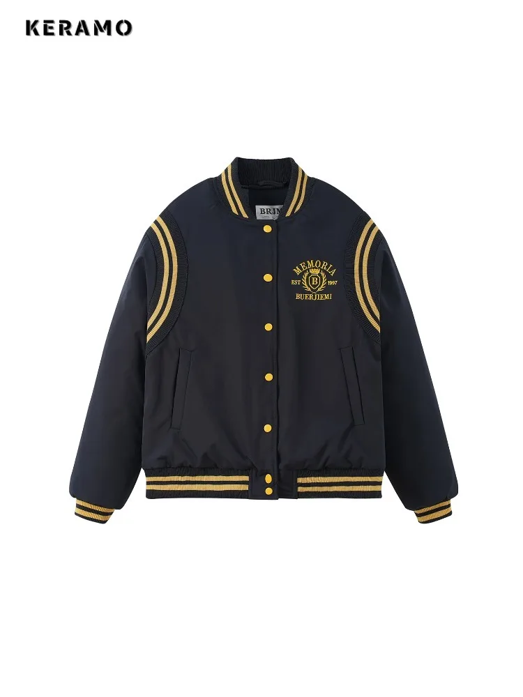 

2025 Winter Sporty Baseball Style Single Breasted V-Neck Parkas Jacket For Women Letter Embroidery Outerwear Fashion Retro Coat