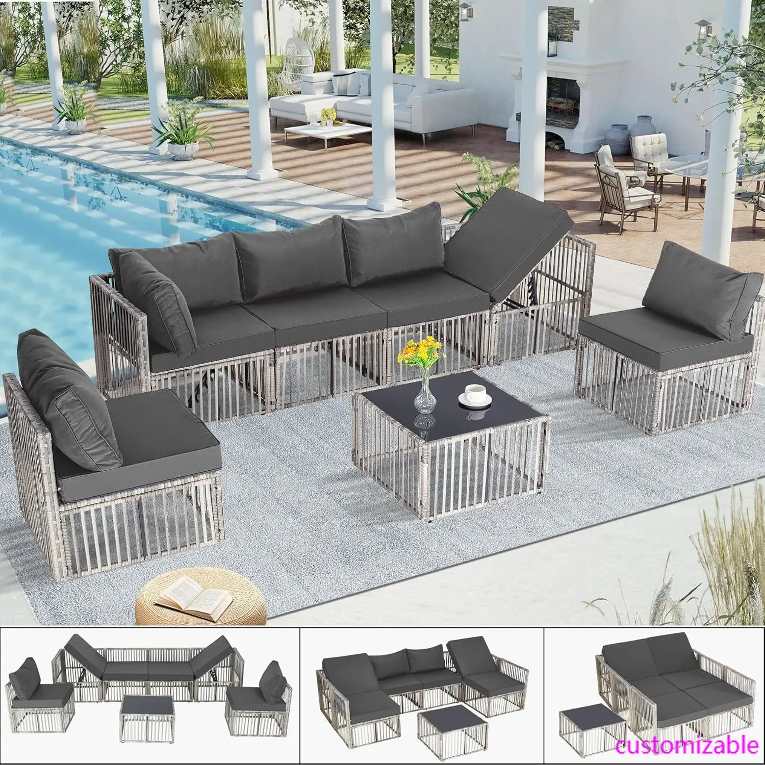 Juego de muebles de patio al aire libre de 7 piezas, juego de sofá de conversación seccional al aire libre de mimbre con sofá con respaldo ajustable