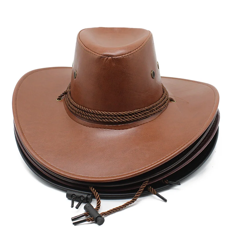 

Large Brim Leather Cowboy Hat Flat Top Men's Leaves Printed Felt Wide Brim Bucket Hats Man For Men Women Fedora Swanowing