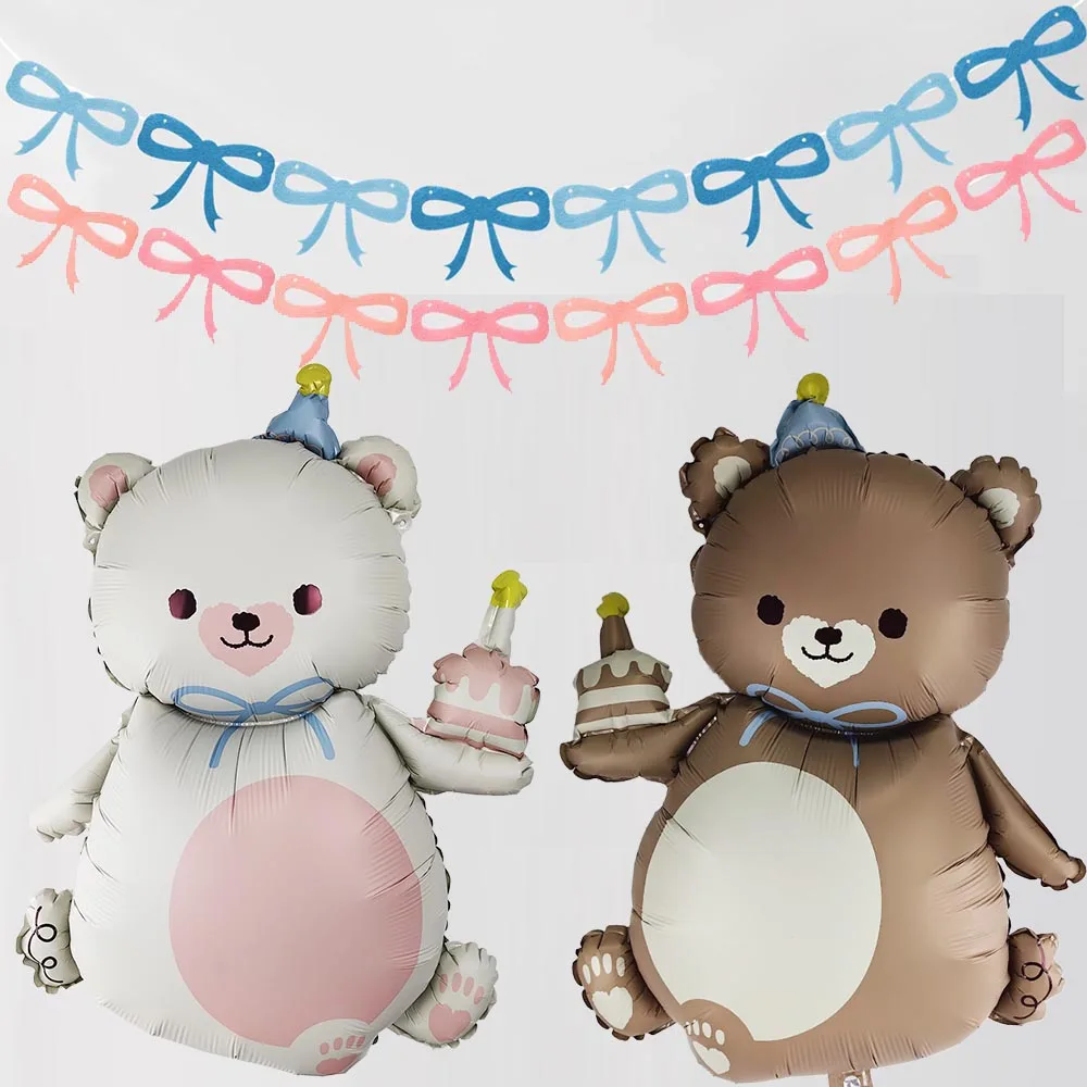 Blue and Pink Paper Bow Flag Party Birthday Wall Decoration White Brown Bow Bear Balloon for Bow Theme Party Birthday Decoration