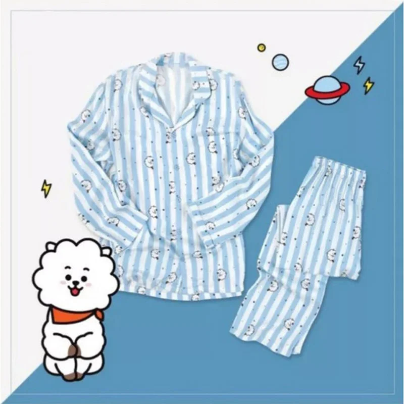 Women Pajamas Striped Spring Summer Cartoon Print Sleepwear Kawaii Cute Nightwear Loungewear Clothing Sets Comfortable Home Wear