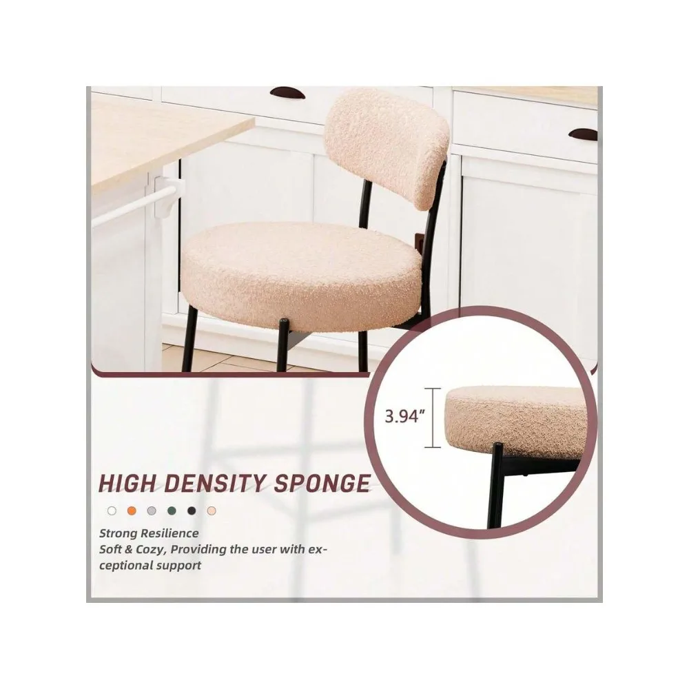 Beige Bar Stools Set of 2, 27.56 Inch Counter Height Barstools with Back, Modern Upholstered Boucle Seat Cushion, Sturdy Metal Legs for Kitchen Island, Dining Room, Living Room, Home Bar view 6