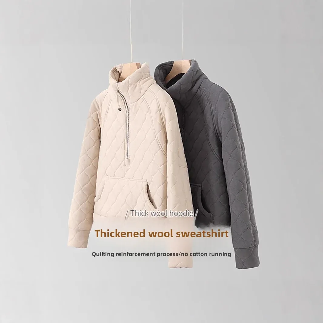 سترة نسائية من القطن الصوفي السميك من LULU بطبقات مزدوجة وسحاب وقلنسوة شتوية دافئة بياقة واقفة وأكمام كاملة