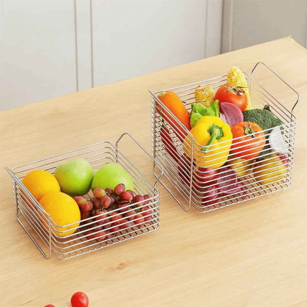 

Stainless Steel Desktop Storage Basket Non-Slip Stackable Kitchen Storage Rack Metal Wire with Handles Fruit Vegetable Basket