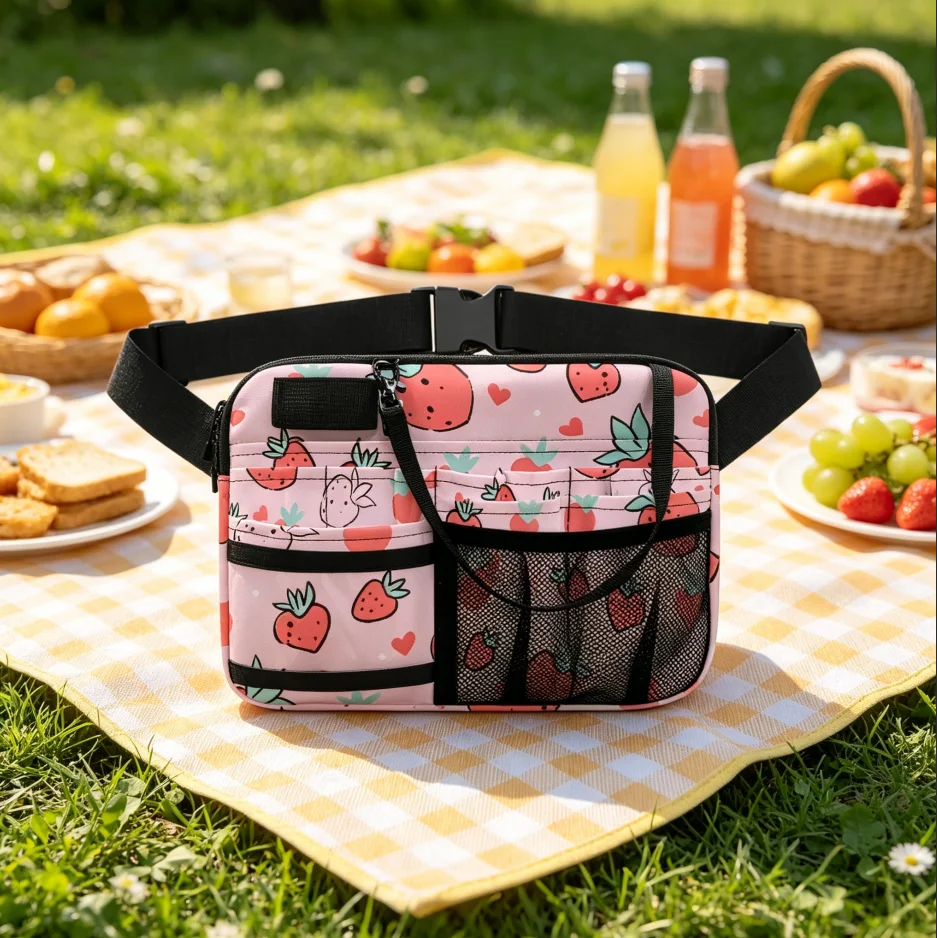 

Kawaii Strawberry Panda Print Waist Bag - Multi-Pocket Utility Pouch with Mesh, Adjustable Strap, Cute Gift