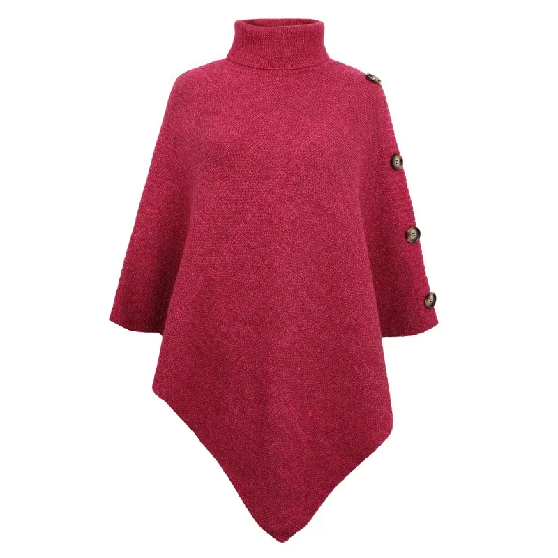 Poncho boutonné pour femme, pull à col roulé respirant, pull en tricot, cape vintage, manches, Everak rose, mode de vacances, automne et hiver