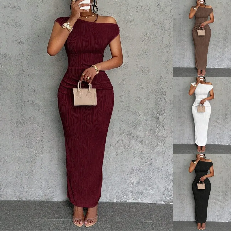 

Summer White Dress Off Shoulder Pleated Dresses Women's Evening Maxi Dress Ruched Waist Beige Ribbed Texture Elegant Party