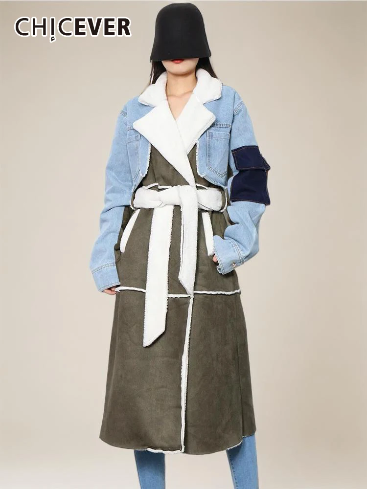 

CHICEVER Spliced Denim Loose Colorblock Coat For Women Lapel Long Sleeve Patchwork Lace Up Casual Temperament Trenches Female
