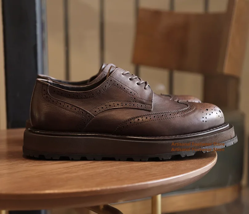 

Thick Soled Height Increasing Brogue Shoes British Style Round Toe Casual Leather Shoes Retro Carved Wedding Shoes for Men